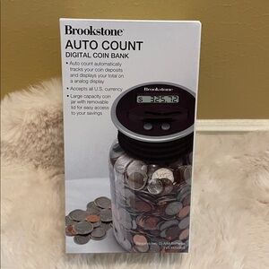New! Brookstone Auto Count Digital Coin Bank - Black and Clear.